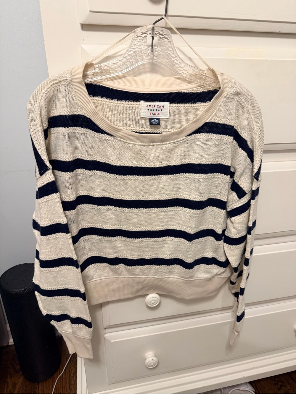 American Eagle Outfitters Women's Cream & Navy Striped off the shoulder top